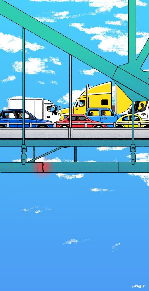 Illustration of the cracked I-40 bridge with traffic 